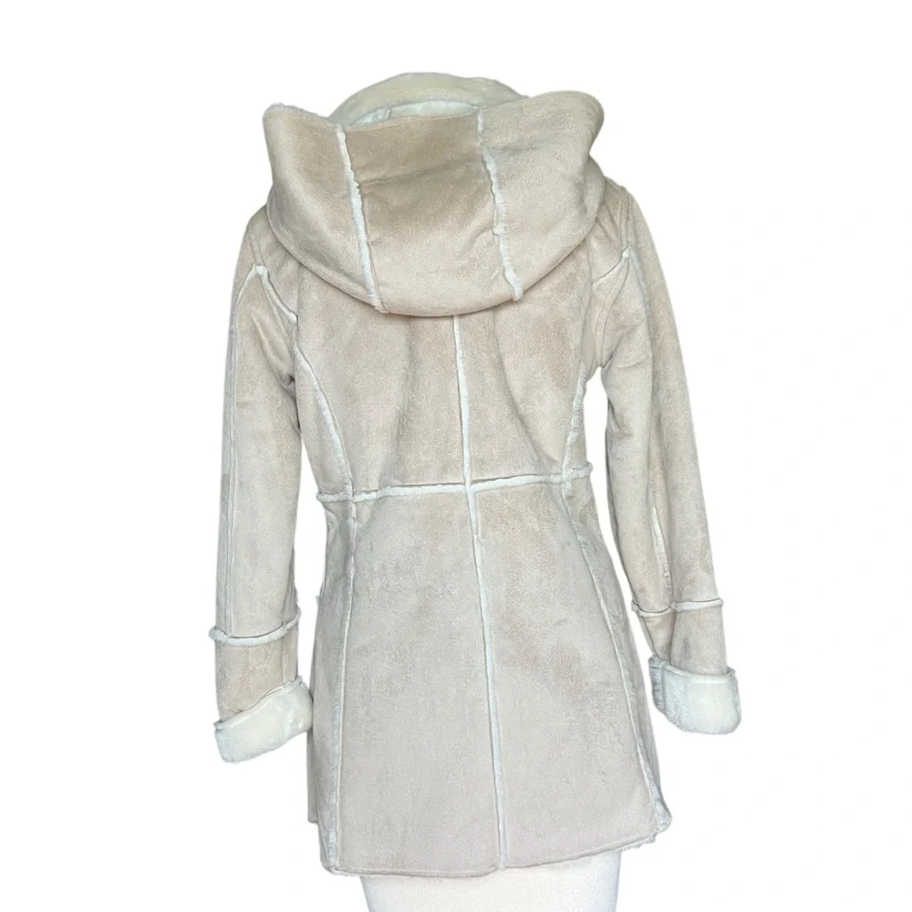 VINTAGE 90s Cream Faux Suede & Fur Hooded Coat Size Large - Picture 6 of 15